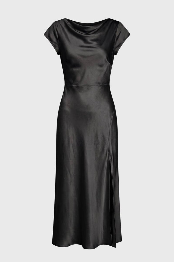 Midi Dress Women - Cowl Neck Side Slit | Elegant — Black