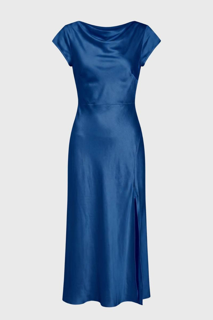 Midi Dress Women - Cowl Neck Side Slit | Elegant — Blue