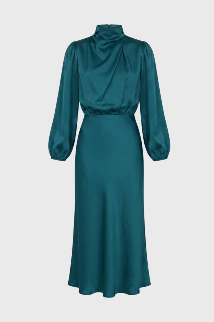 Midi Dress Women - Draped High Neck Balloon Sleeve | Elegant — Teal