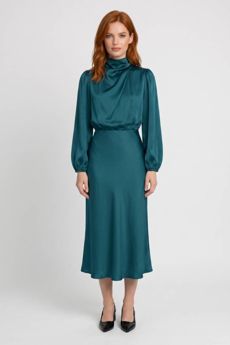 Midi Dress Women - Draped High Neck Balloon Sleeve | Elegant — Teal