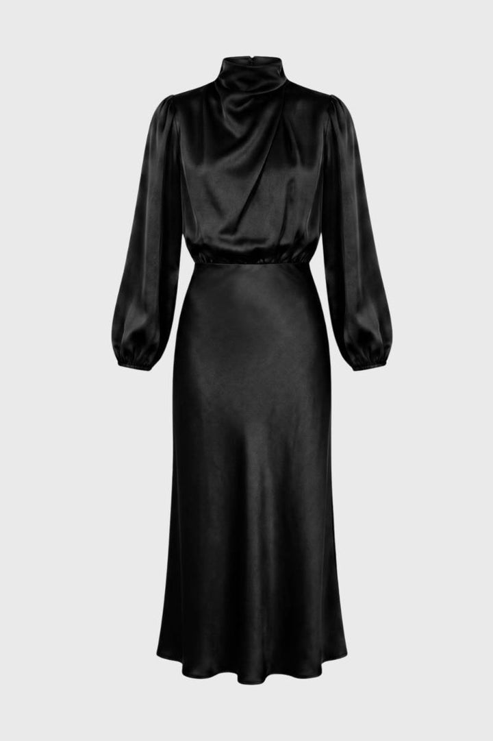 Midi Dress Women - Draped High Neck Balloon Sleeve | Elegant — Black