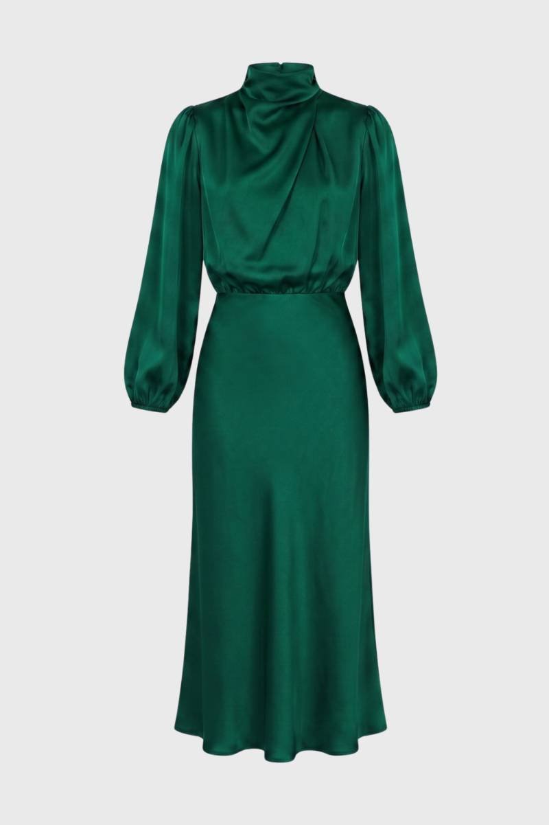 Midi Dress Women - Draped High Neck Balloon Sleeve | Elegant — Green