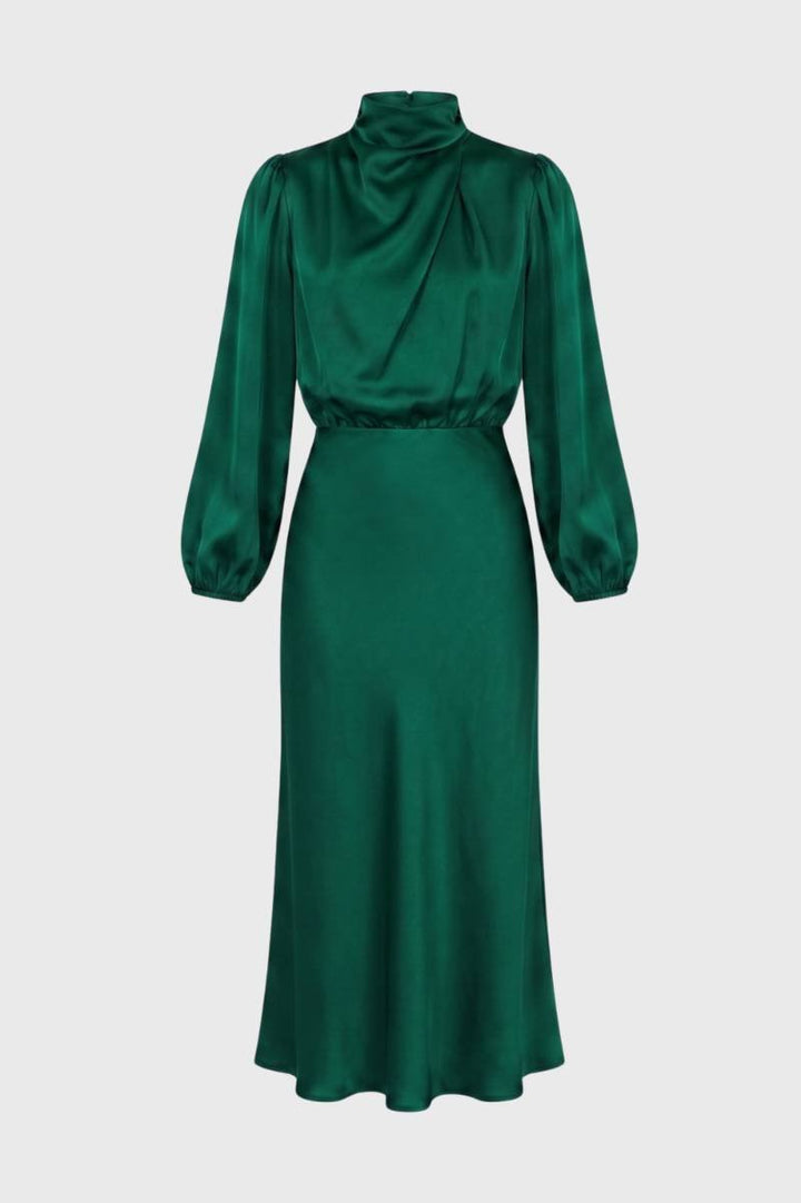 Midi Dress Women - Draped High Neck Balloon Sleeve | Elegant — Green