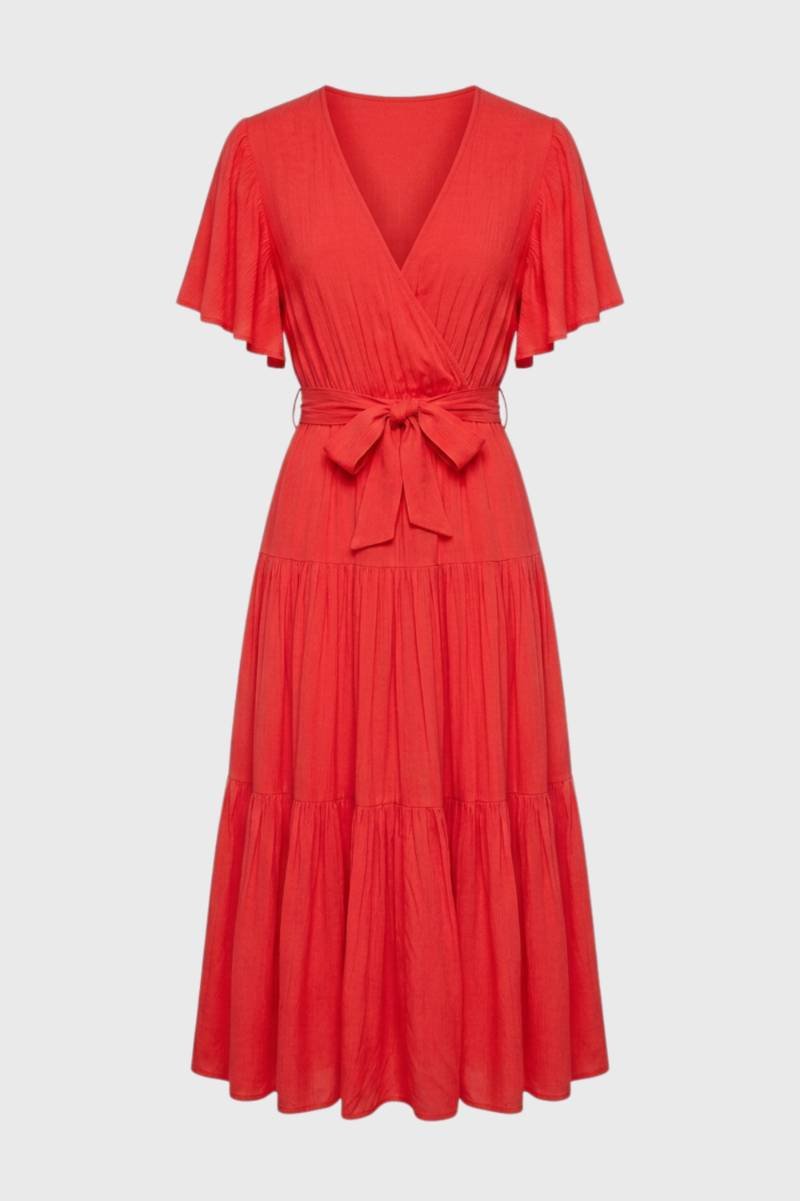 Midi Dress Women - Flutter Sleeve Tiered | Wrap Front Bow Detail — Red