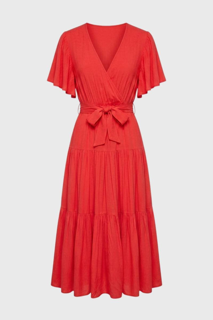 Midi Dress Women - Flutter Sleeve Tiered | Wrap Front Bow Detail — Red