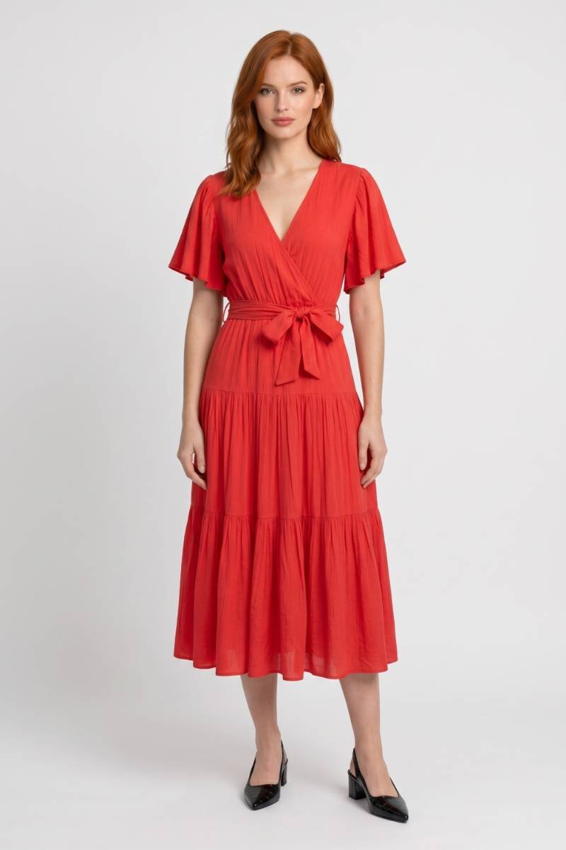 Midi Dress Women - Flutter Sleeve Tiered | Wrap Front Bow Detail — Red