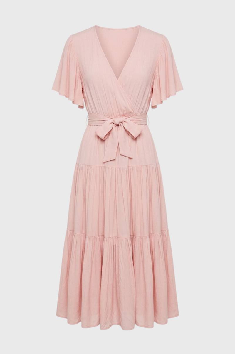 Midi Dress Women - Flutter Sleeve Tiered | Wrap Front Bow Detail — Light Pink