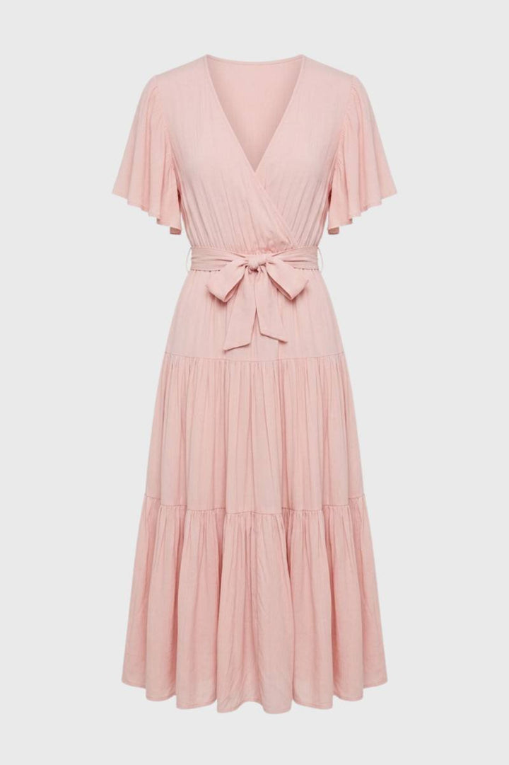 Midi Dress Women - Flutter Sleeve Tiered | Wrap Front Bow Detail — Light Pink