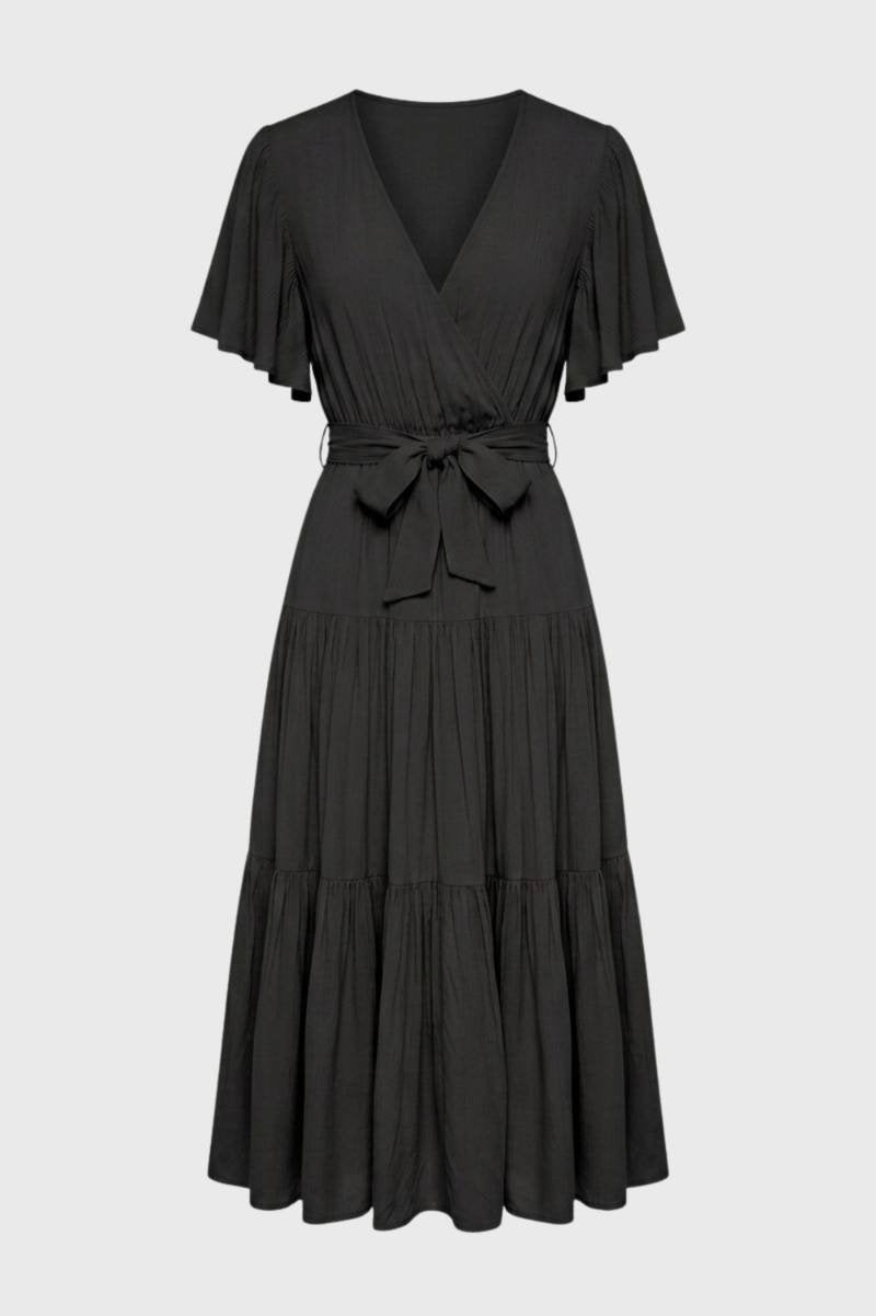 Midi Dress Women - Flutter Sleeve Tiered | Wrap Front Bow Detail — Black