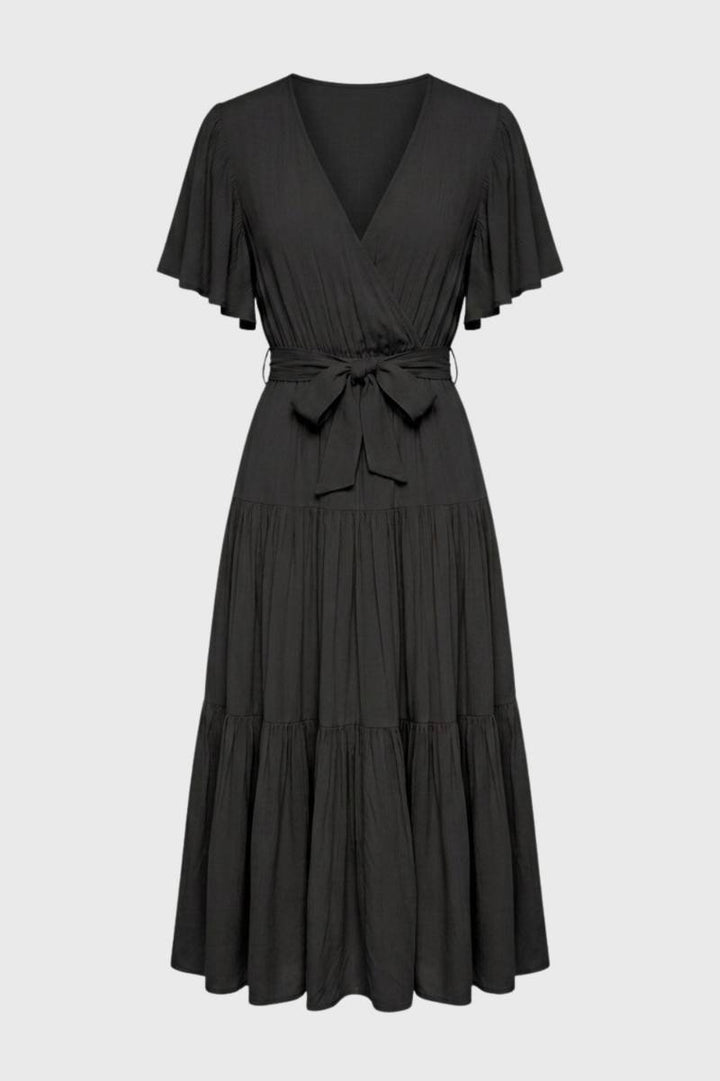 Midi Dress Women - Flutter Sleeve Tiered | Wrap Front Bow Detail — Black