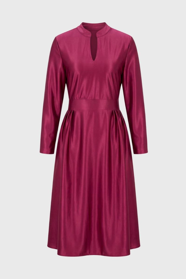 Midi Dress Women - Long Sleeve V-Neck with Gathered Waist | Elegant — Wine