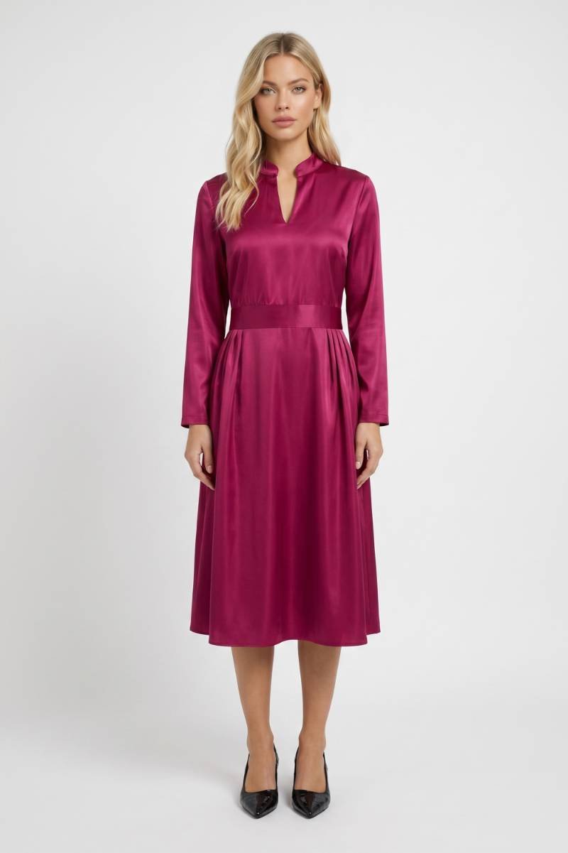 Midi Dress Women - Long Sleeve V-Neck with Gathered Waist | Elegant — Wine