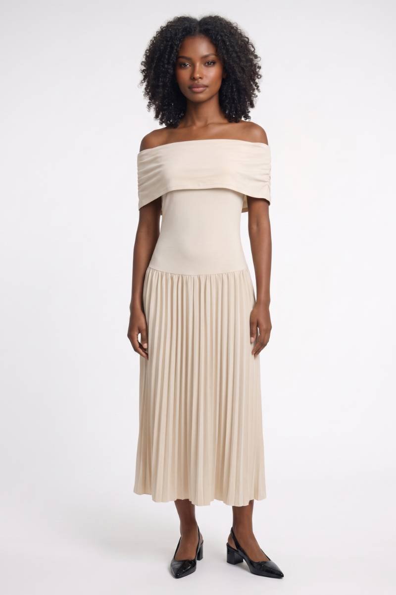 Midi Dress Women - Off Shoulder Pleated Skirt | Elegant — Cream