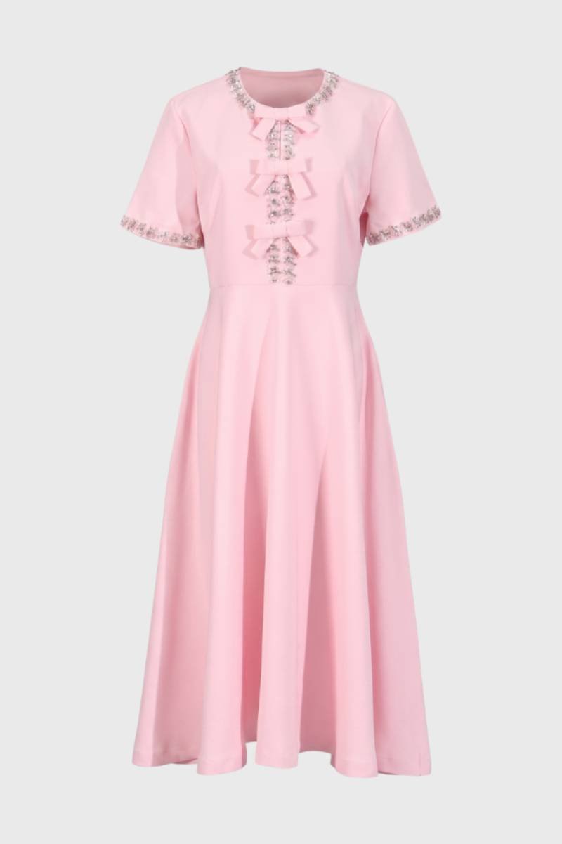 Midi Dress Women - Pearl Button Detail with Embroidered Trim | Vintage — Pink