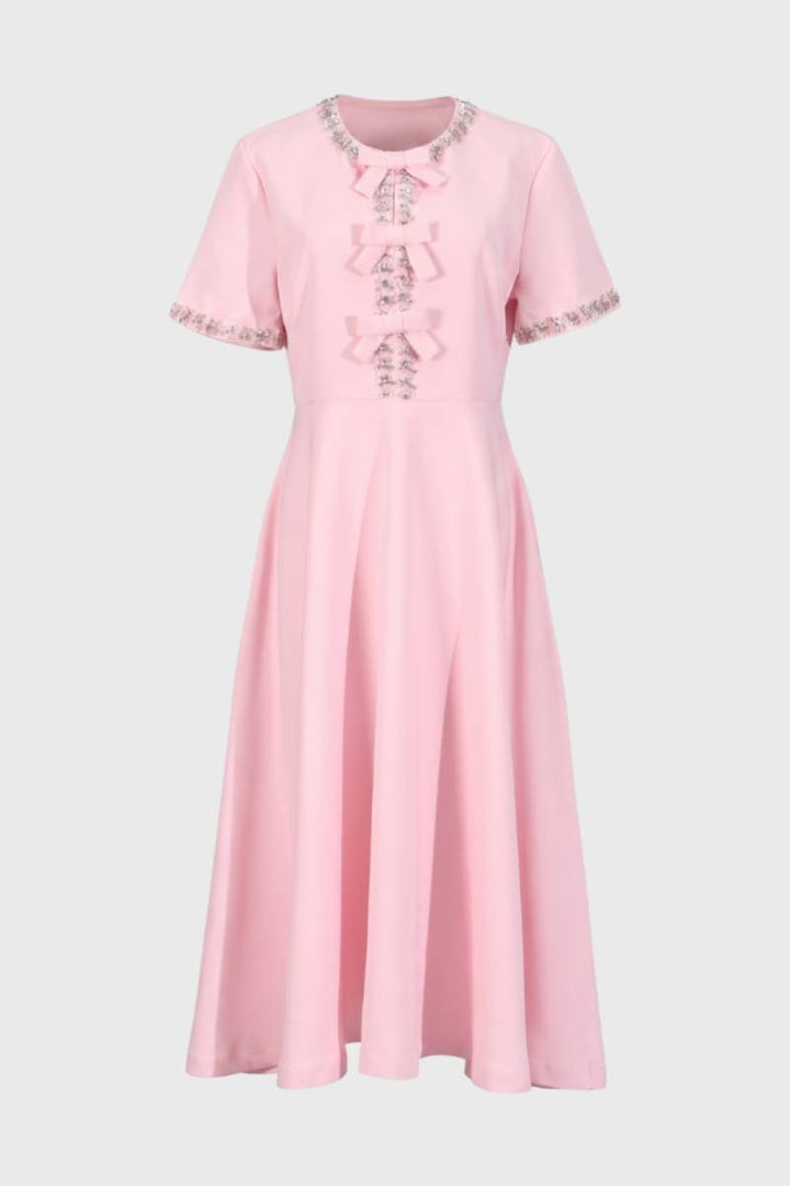Midi Dress Women - Pearl Button Detail with Embroidered Trim | Vintage — Pink