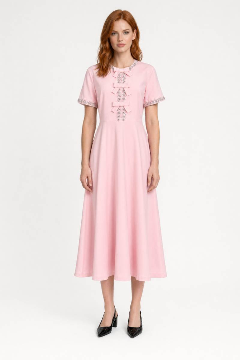 Midi Dress Women - Pearl Button Detail with Embroidered Trim | Vintage — Pink
