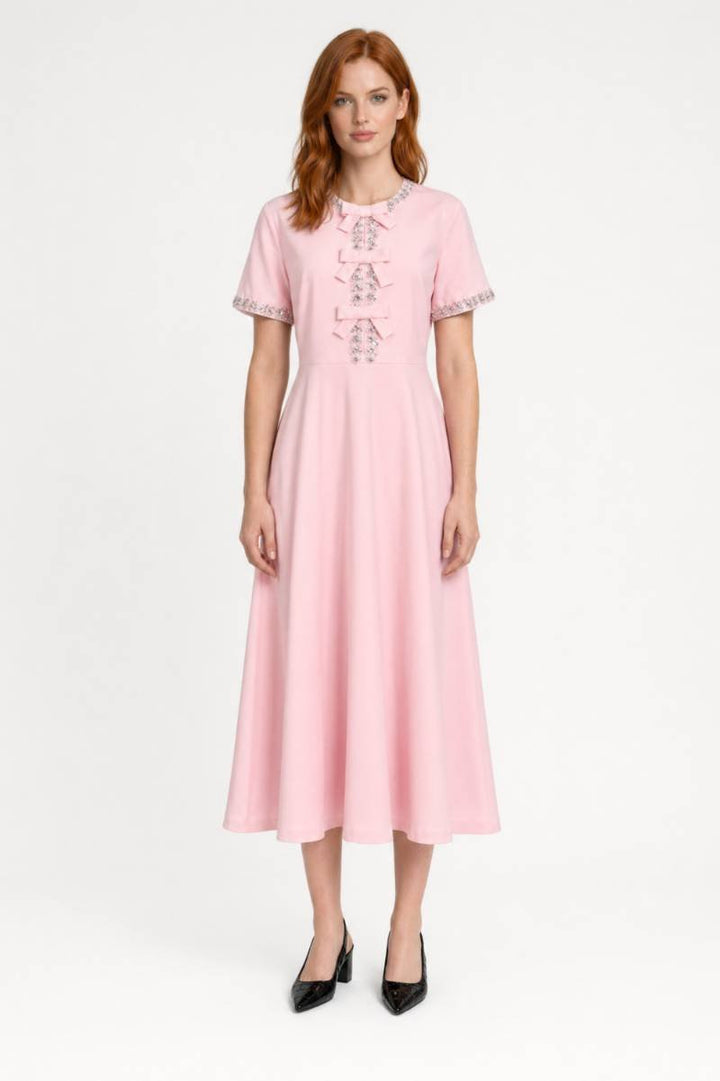 Midi Dress Women - Pearl Button Detail with Embroidered Trim | Vintage — Pink