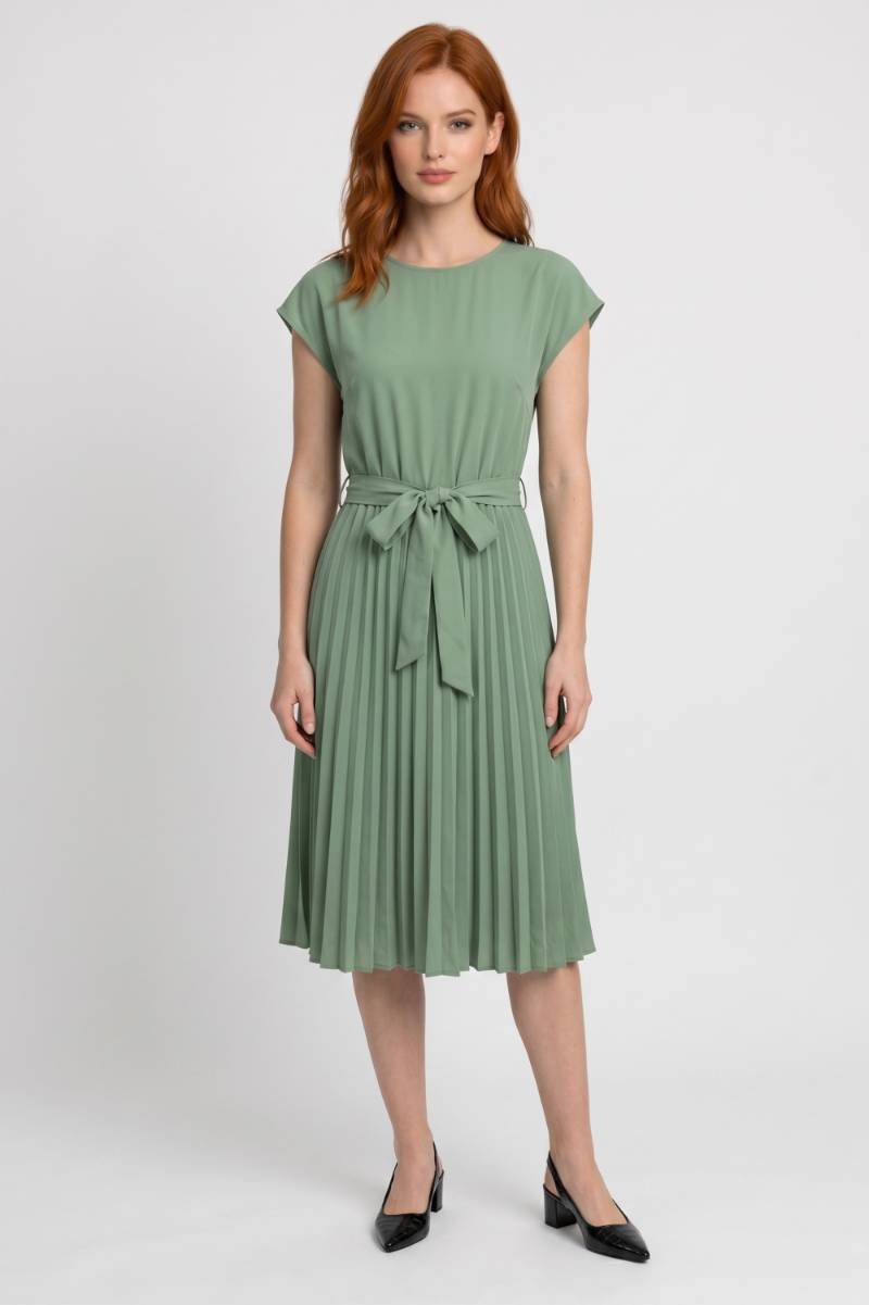 Midi Dress Women - Pleated Skirt with Tie Belt | Elegant — Sage