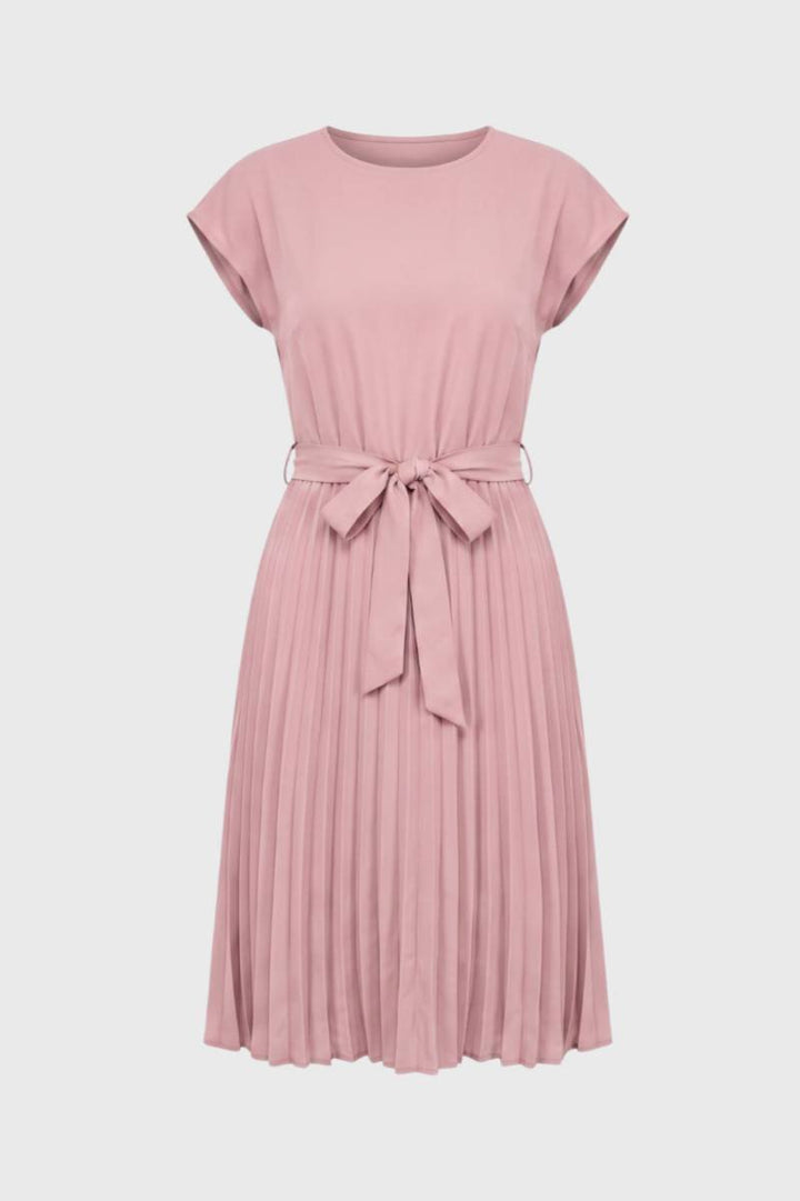 Midi Dress Women - Pleated Skirt with Tie Belt | Elegant — Dusty Rose
