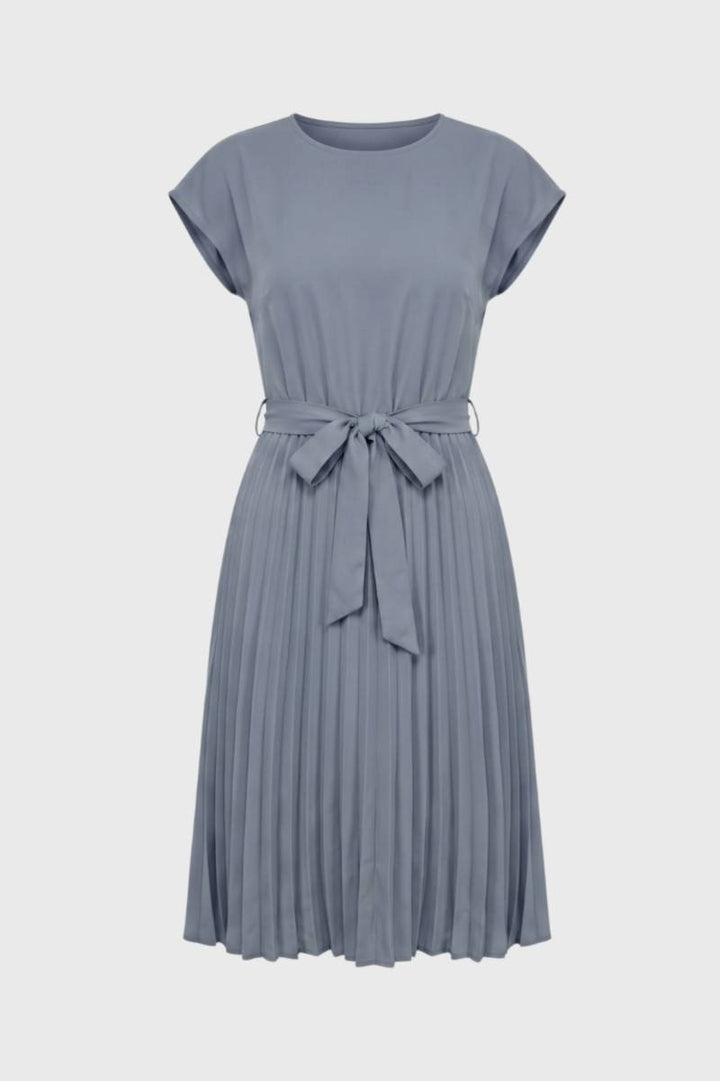 Midi Dress Women - Pleated Skirt with Tie Belt | Elegant — Light Blue