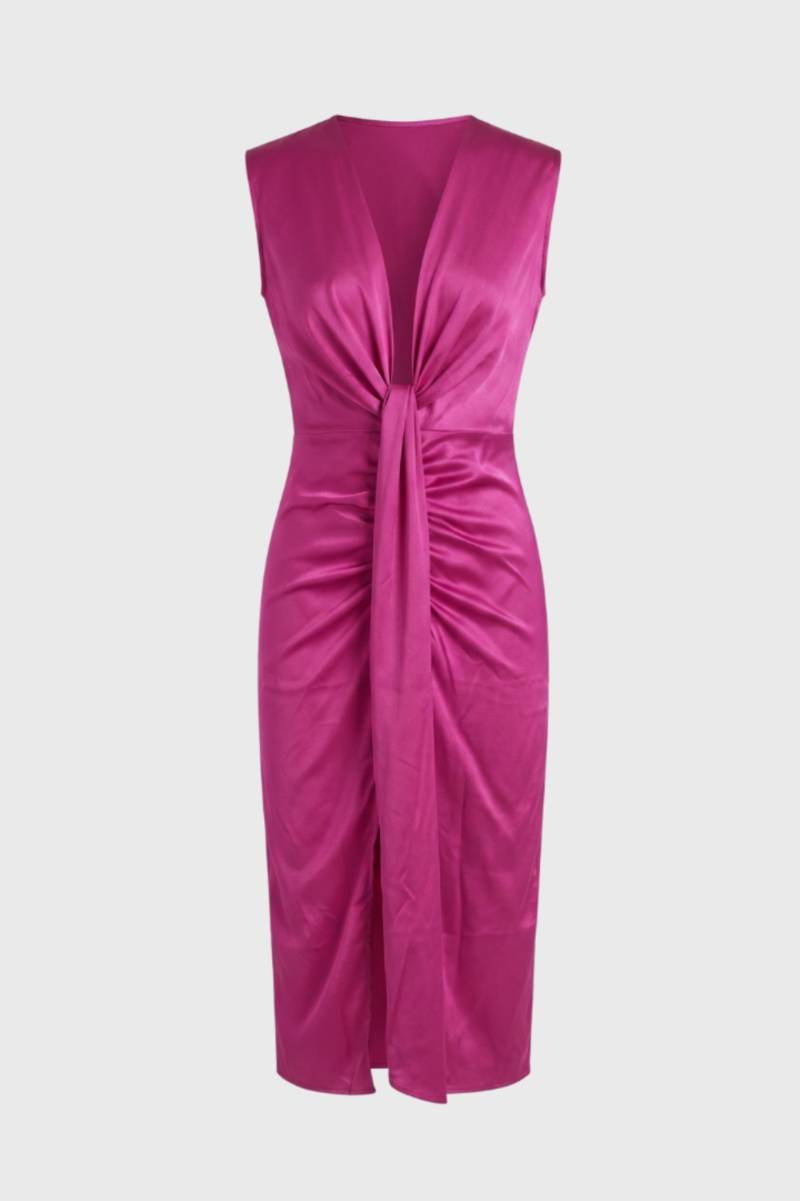 Midi Dress Women - Plunge V-Neck Knotted Front | Elegant — Pink