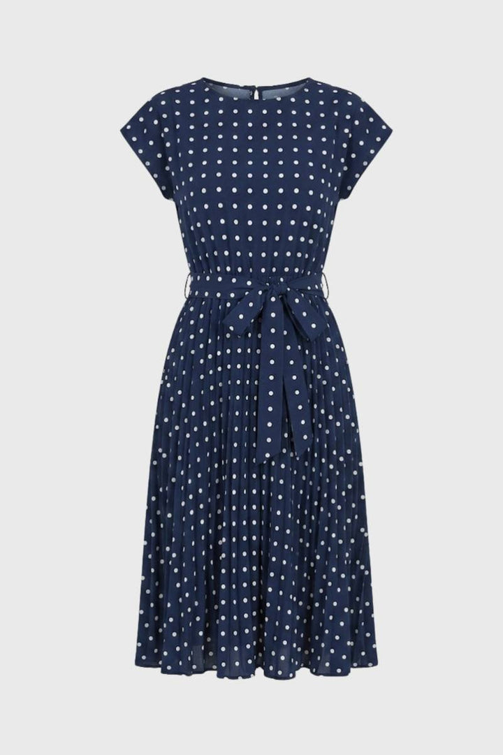 Midi Dress Women - Polka Dot Cap Sleeve with Belt | Vintage — Polka dot Navy