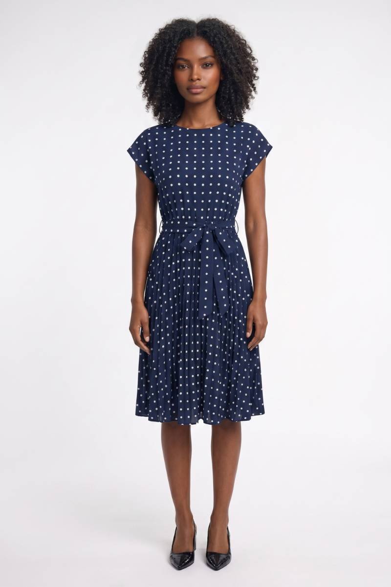 Midi Dress Women - Polka Dot Cap Sleeve with Belt | Vintage — Polka dot Navy