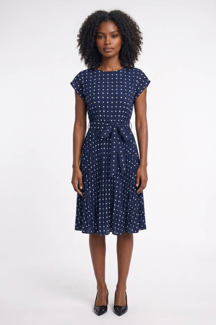 Midi Dress Women - Polka Dot Cap Sleeve with Belt | Vintage — Polka dot Navy