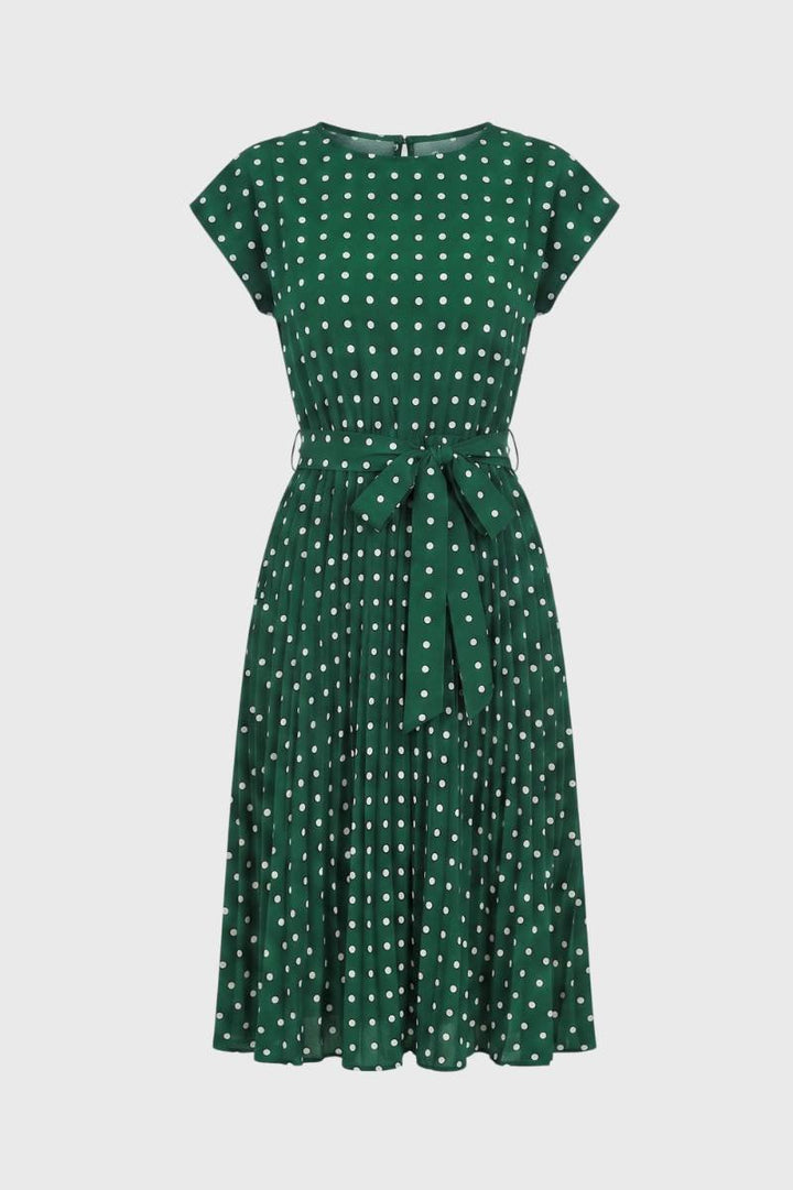 Midi Dress Women - Polka Dot Cap Sleeve with Belt | Vintage — Polka dot Green