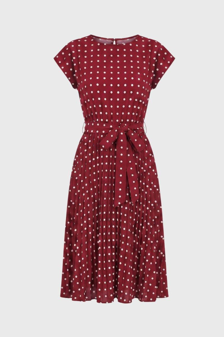 Midi Dress Women - Polka Dot Cap Sleeve with Belt | Vintage — Polka dot Wine