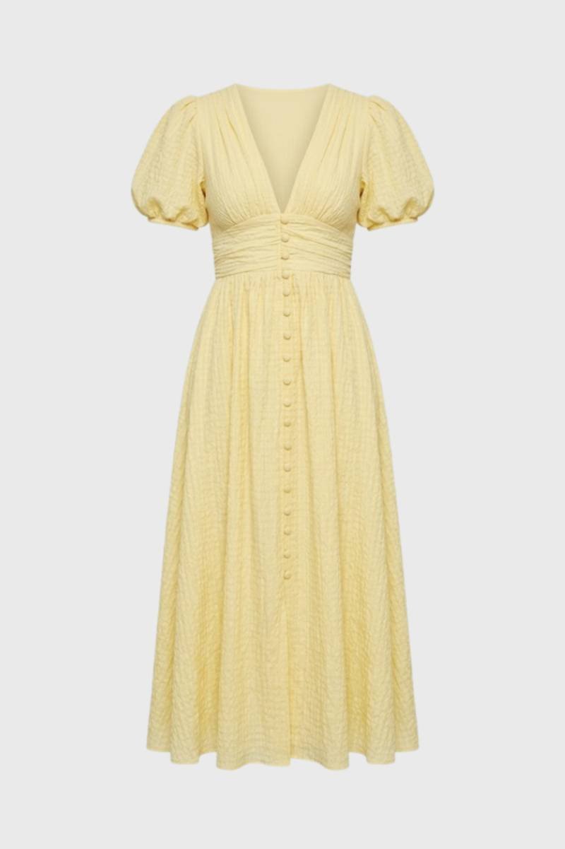 Midi Dress Women - Puff Sleeve V-Neck Button Front | Feminine — Yellow