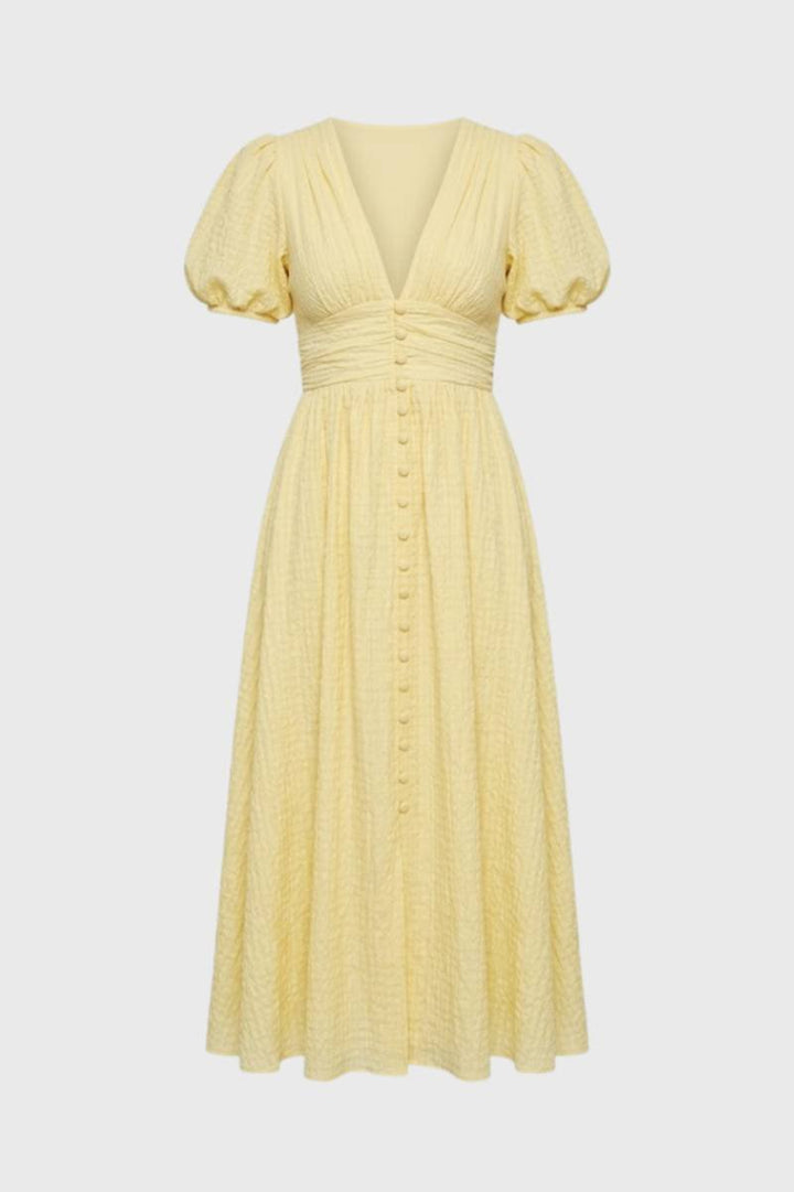 Midi Dress Women - Puff Sleeve V-Neck Button Front | Feminine — Yellow