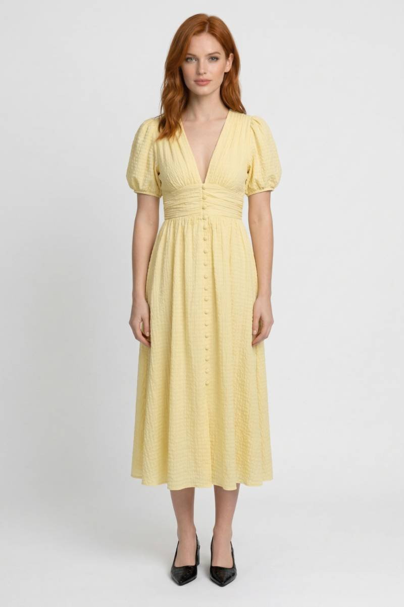 Midi Dress Women - Puff Sleeve V-Neck Button Front | Feminine — Yellow