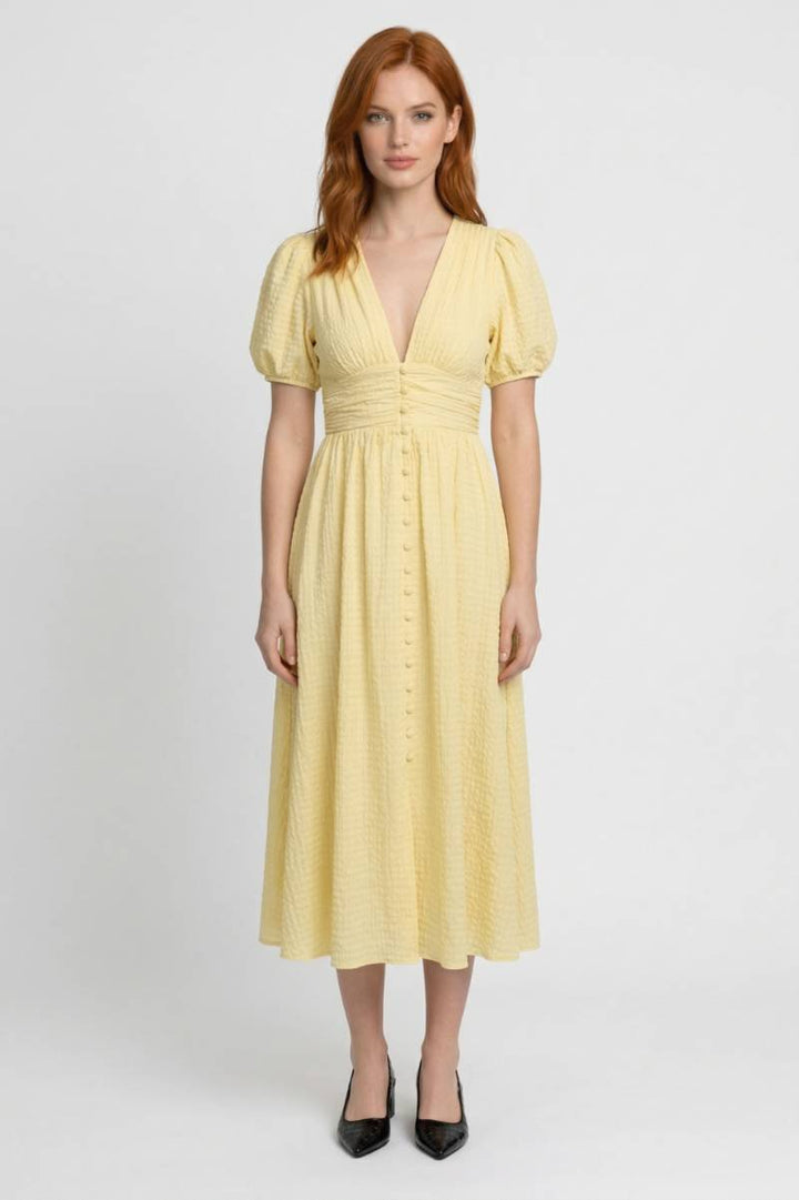 Midi Dress Women - Puff Sleeve V-Neck Button Front | Feminine — Yellow