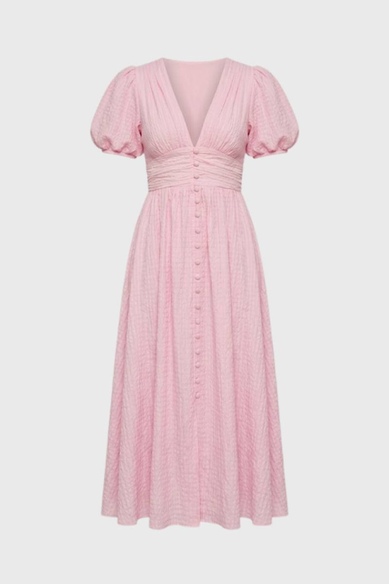 Midi Dress Women - Puff Sleeve V-Neck Button Front | Feminine — Pink