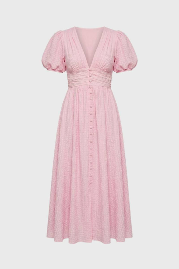 Midi Dress Women - Puff Sleeve V-Neck Button Front | Feminine — Pink
