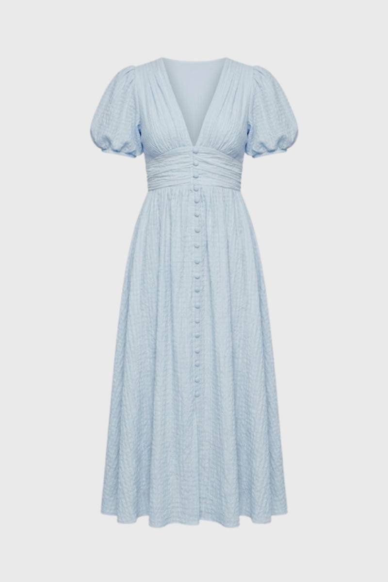 Midi Dress Women - Puff Sleeve V-Neck Button Front | Feminine — Light Blue