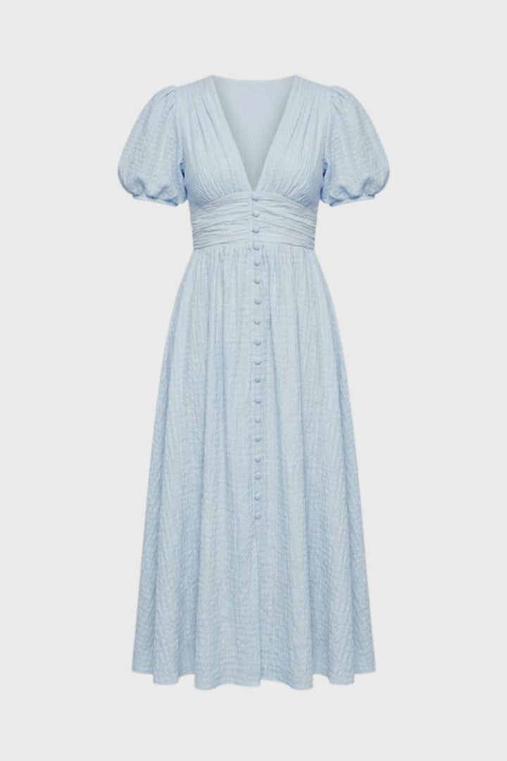 Midi Dress Women - Puff Sleeve V-Neck Button Front | Feminine — Light Blue