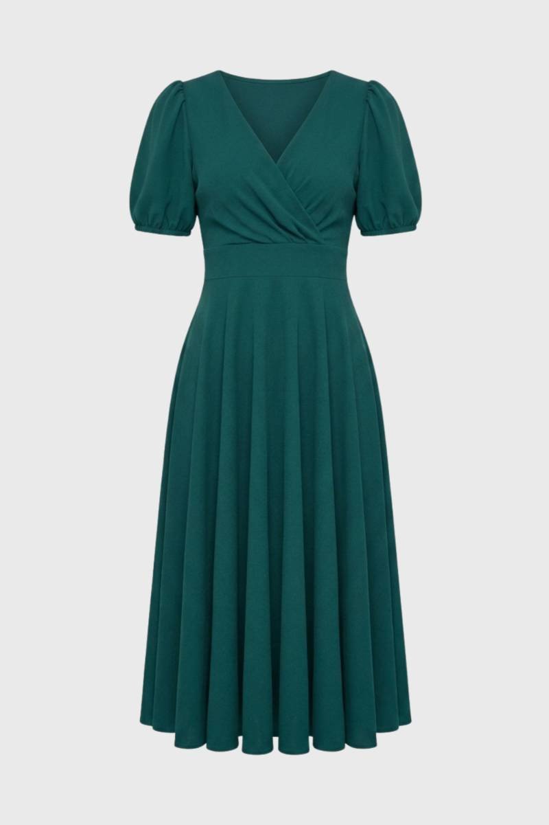 Midi Dress Women - Puff Sleeve Wrap Front | Elegant Vintage — Green