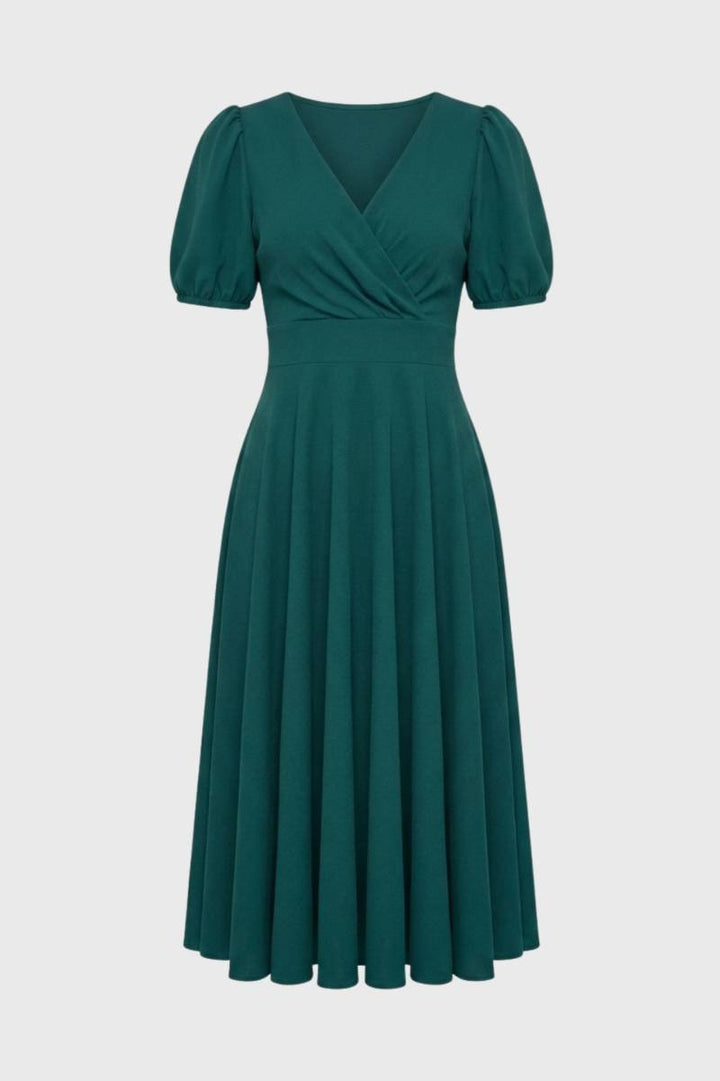 Midi Dress Women - Puff Sleeve Wrap Front | Elegant Vintage — Green