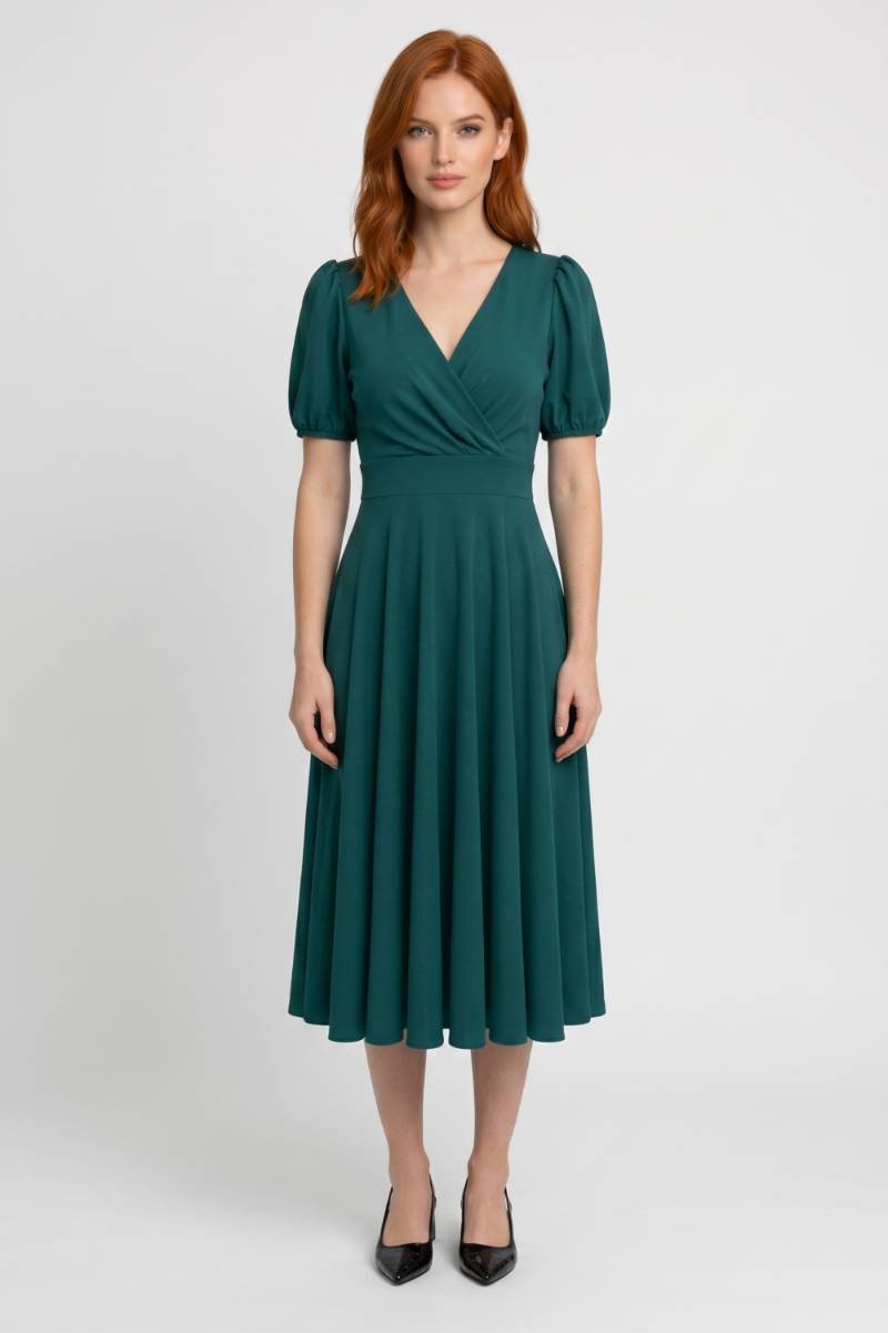 Midi Dress Women - Puff Sleeve Wrap Front | Elegant Vintage — Green