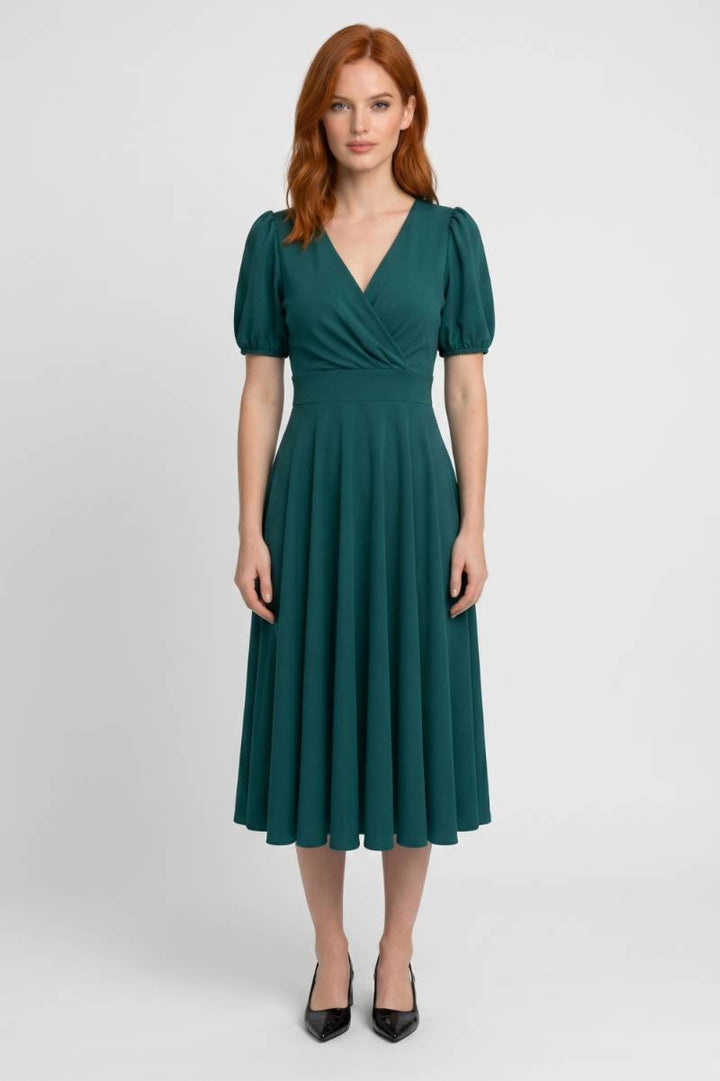 Midi Dress Women - Puff Sleeve Wrap Front | Elegant Vintage — Green