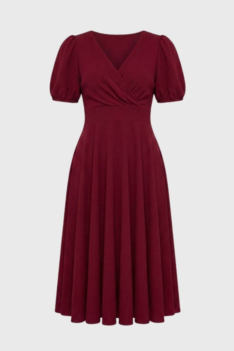 Midi Dress Women - Puff Sleeve Wrap Front | Elegant Vintage — Wine
