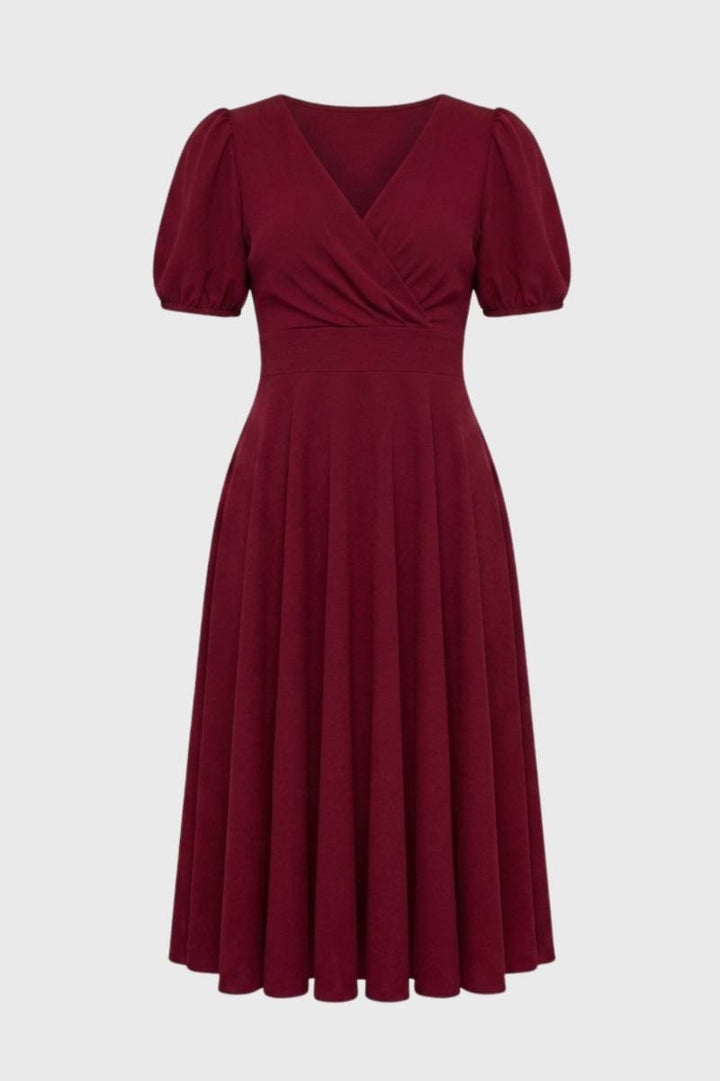 Midi Dress Women - Puff Sleeve Wrap Front | Elegant Vintage — Wine