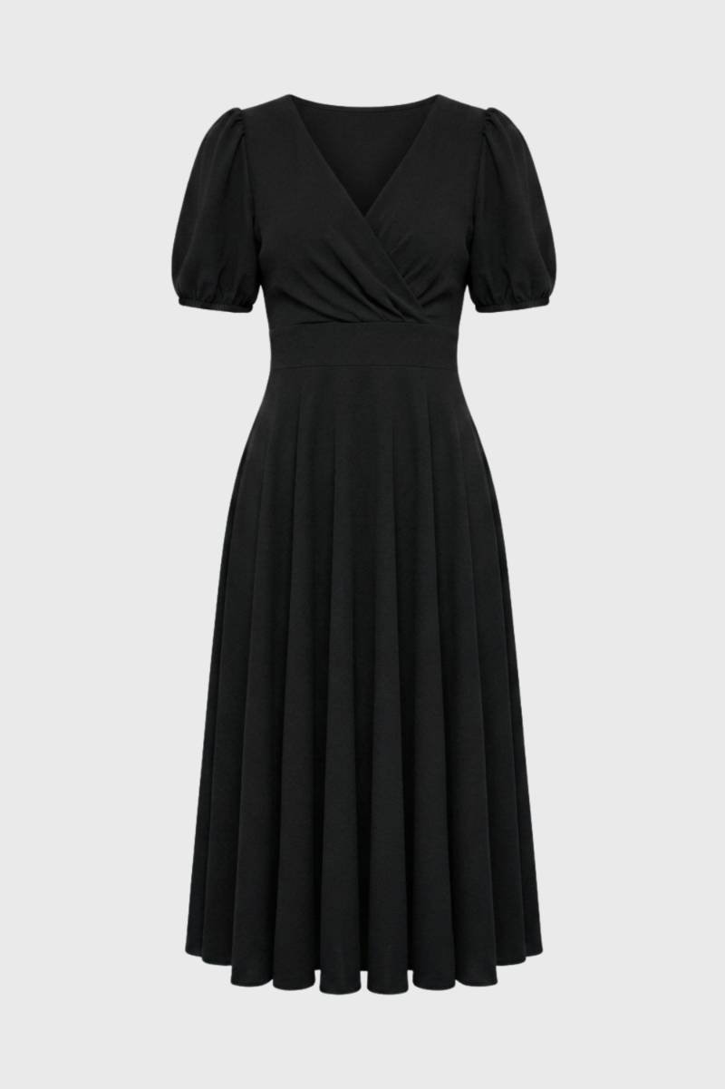 Midi Dress Women - Puff Sleeve Wrap Front | Elegant Vintage — Black