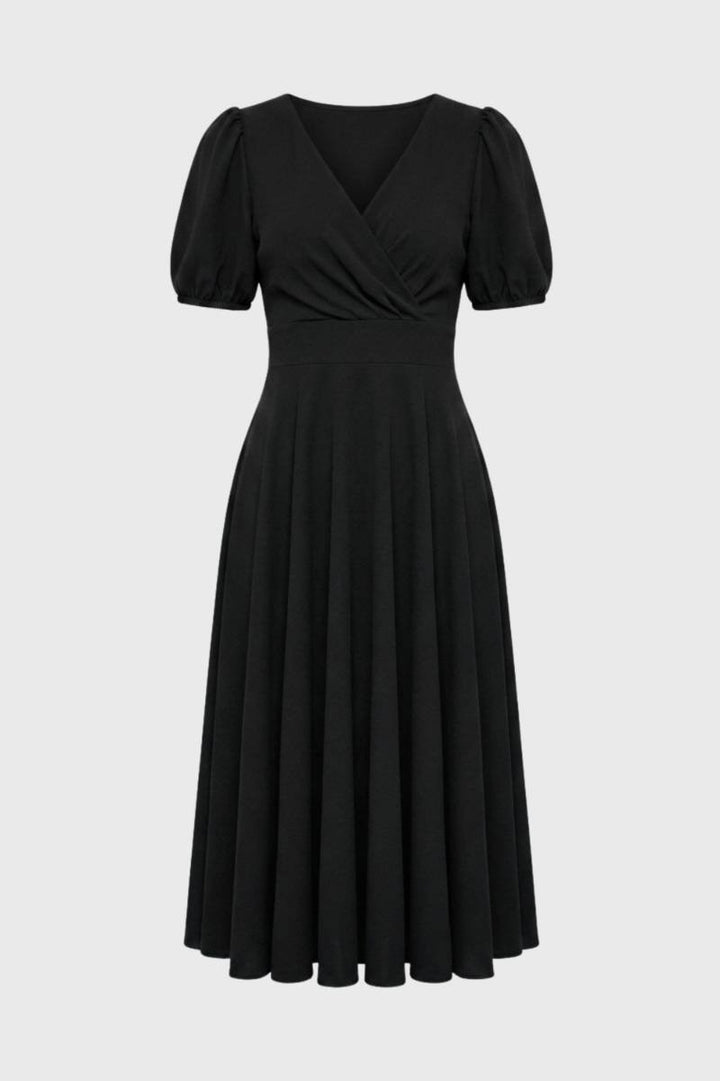 Midi Dress Women - Puff Sleeve Wrap Front | Elegant Vintage — Black