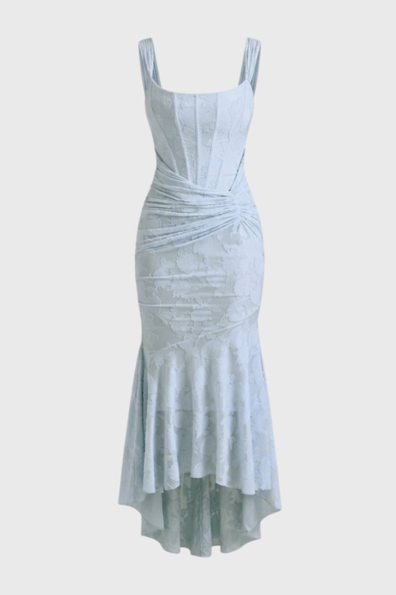 Midi Dress Women - Ruched Mermaid with High-Low Hem | Elegant - Light Blue