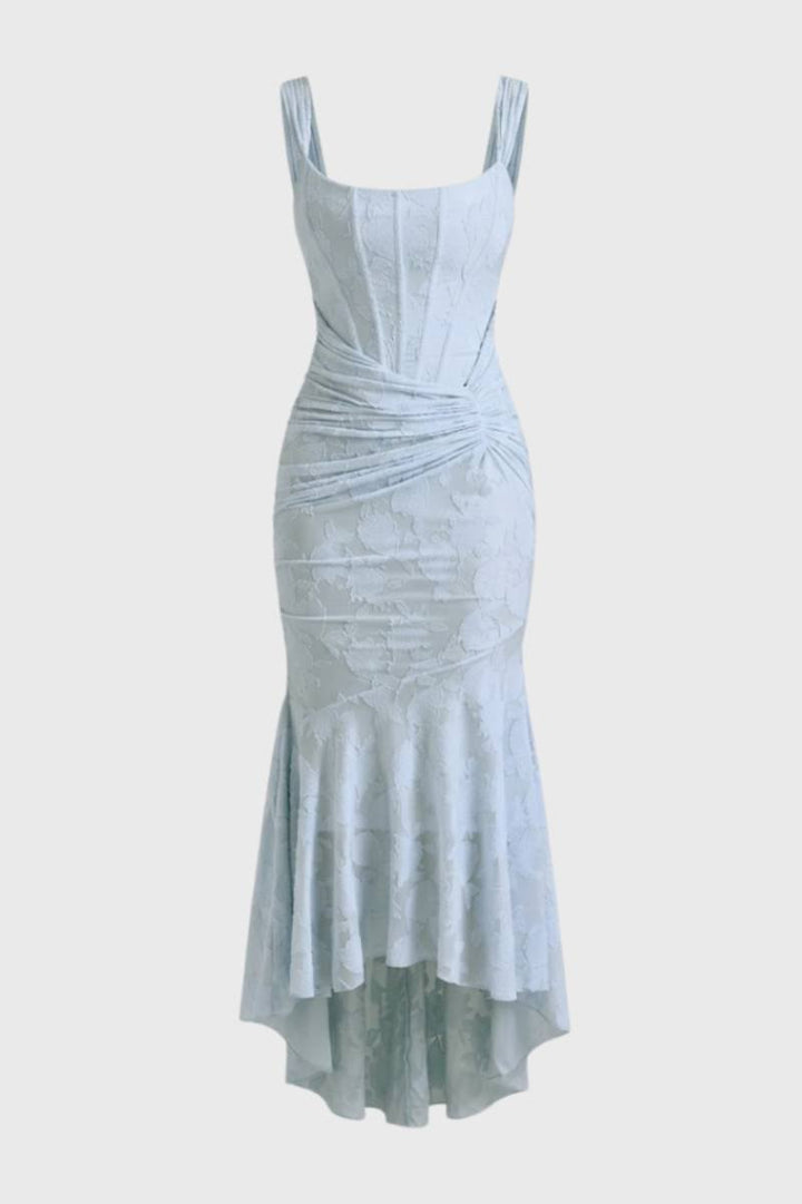 Midi Dress Women - Ruched Mermaid with High-Low Hem | Elegant - Light Blue