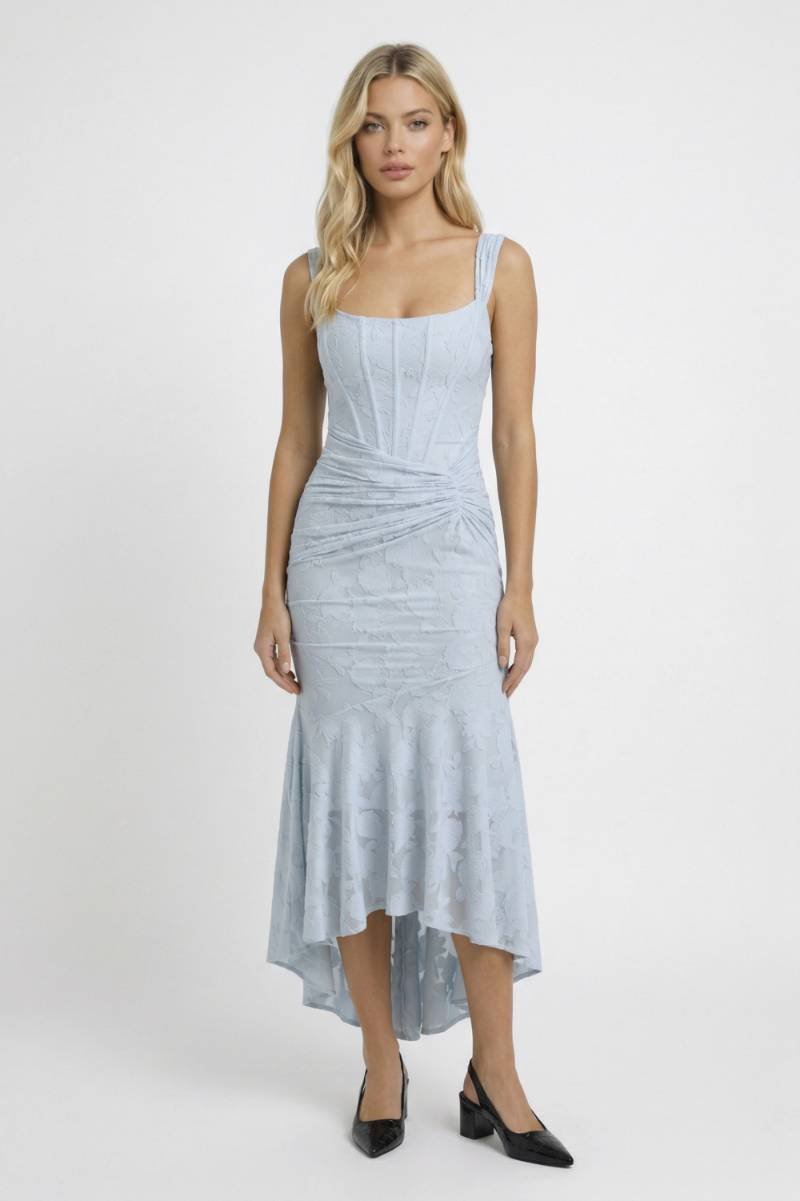 Midi Dress Women - Ruched Mermaid with High-Low Hem | Elegant - Light Blue