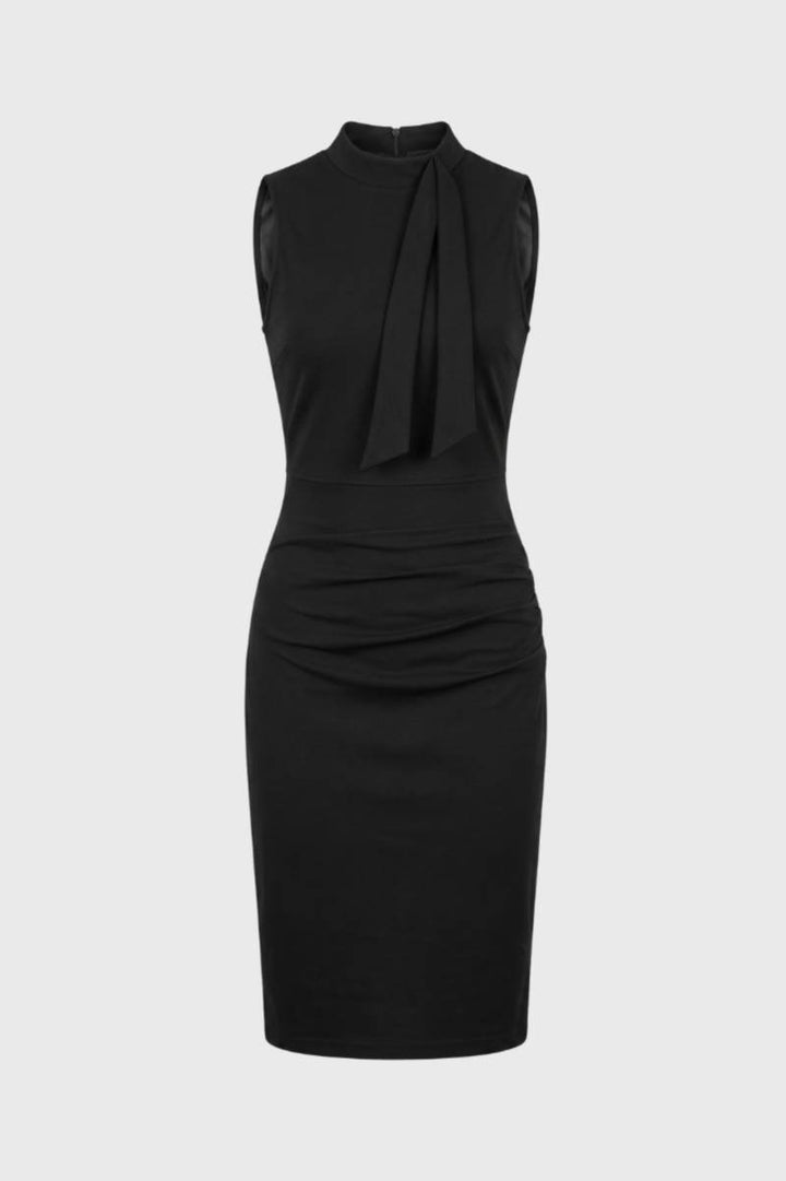 Midi Dress Women - Sleeveless Bow Neck Ruched | Elegant — Black